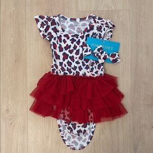 Posh Peanut -Red, White Blue Leopard Print Baby Dress with Tulle Skirt